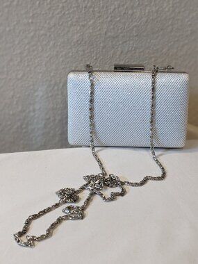 Natasha Couture Silver Glitter Box Clutch w/ Chain – Formal Evening Bag